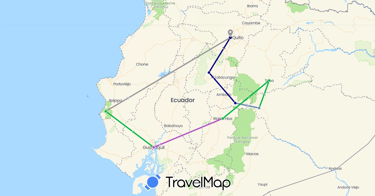 TravelMap itinerary: driving, bus, plane, cycling, train in Ecuador (South America)
